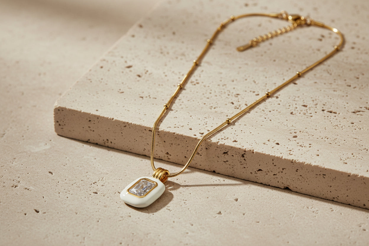 The Eternal Clarity Gilded Alabaster Pendant -Waterproof 18K Gold Plated Stainless Steel Chain with a Brilliant Crystal Inlay