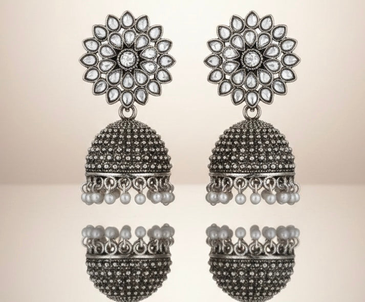 Vintage Oxidized Silver Floral Jhumkas – Timeless Elegance with a Royal Pearl Drop Finish