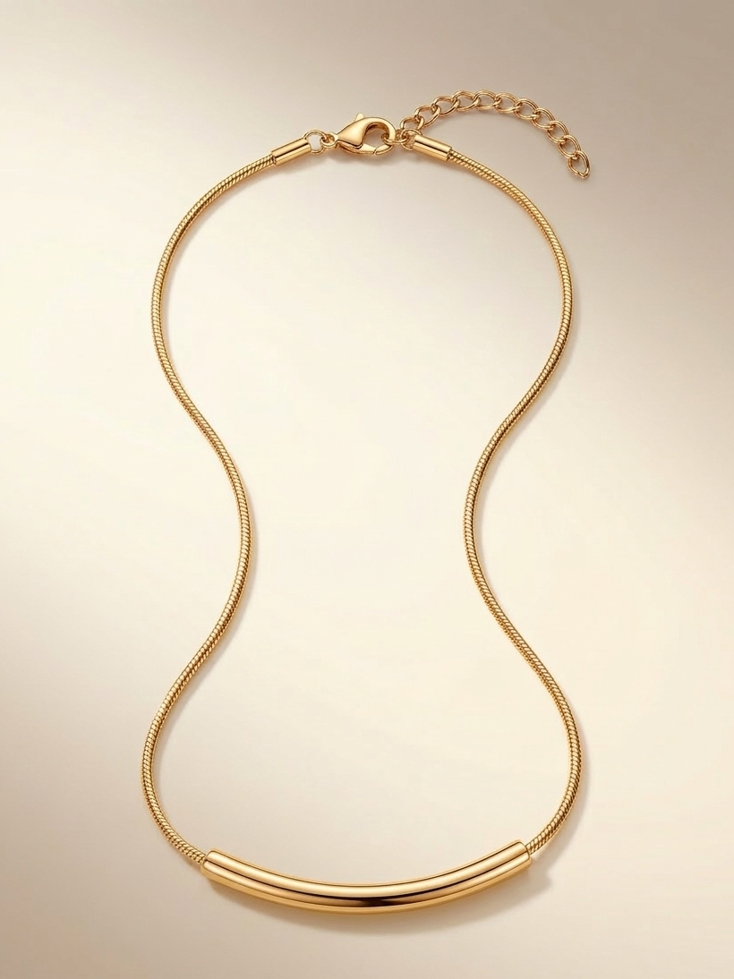 Architectural Curve Snake Chain Necklace: 18K Gold-Plated Elegance with a Sleek Bar Focal Point