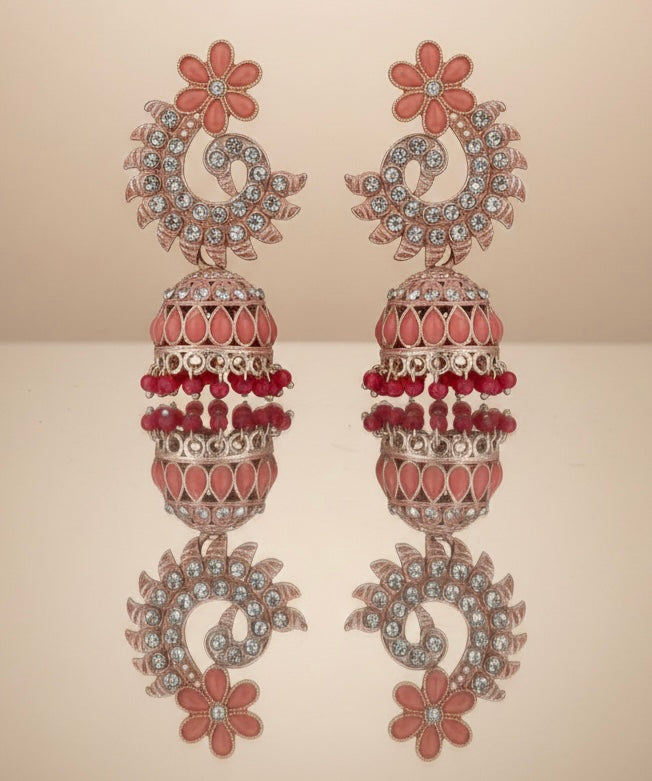 Floral Grace Rose Gold Jhumkas with Peach Enamel Detailing