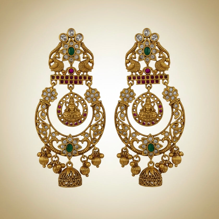 Divine Heritage Antique Gold Temple Earrings with Lakshmi Motif