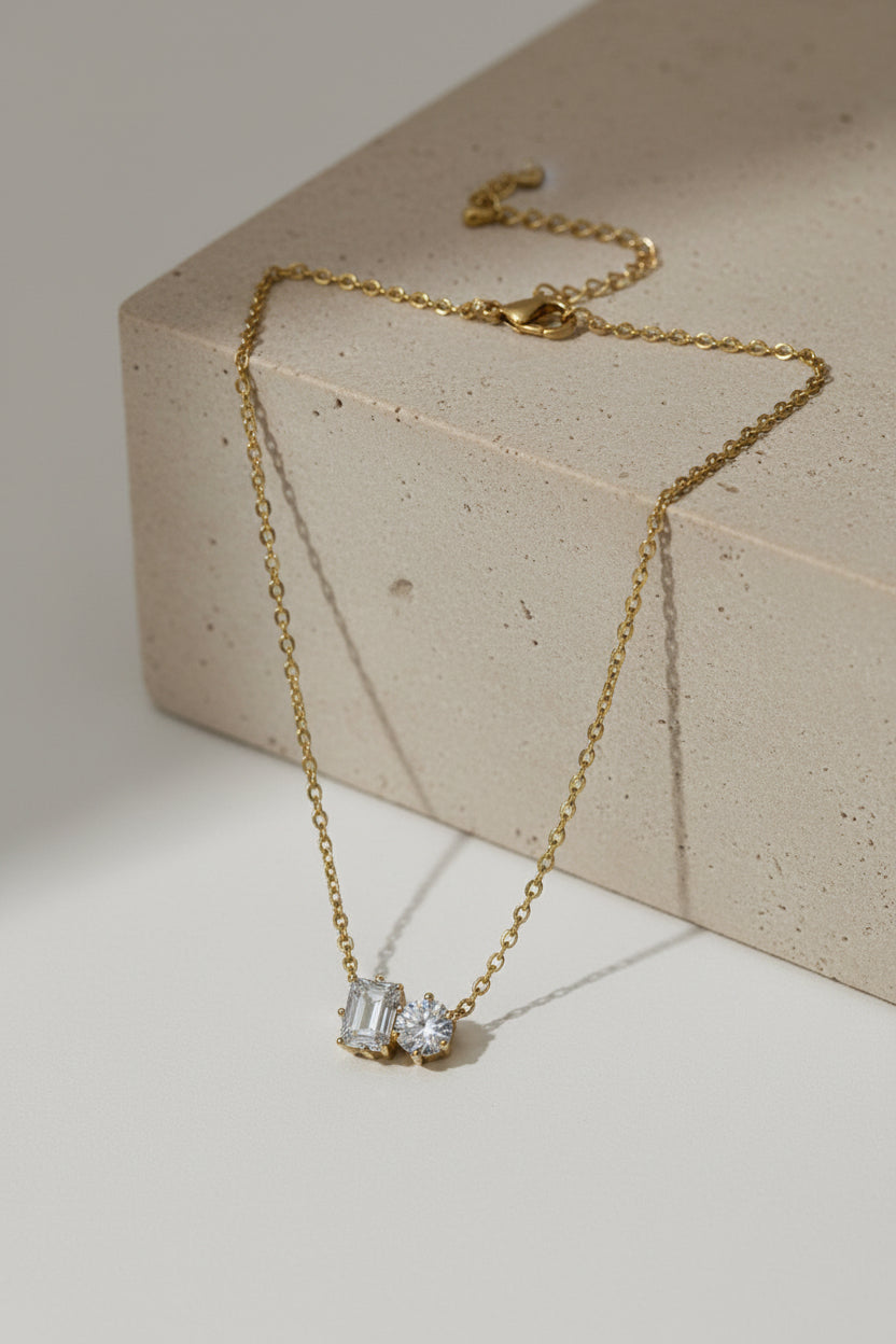 The Dainty Duo-Stone Radiant Necklace Collection -18k Gold Plated Stainless Steel
