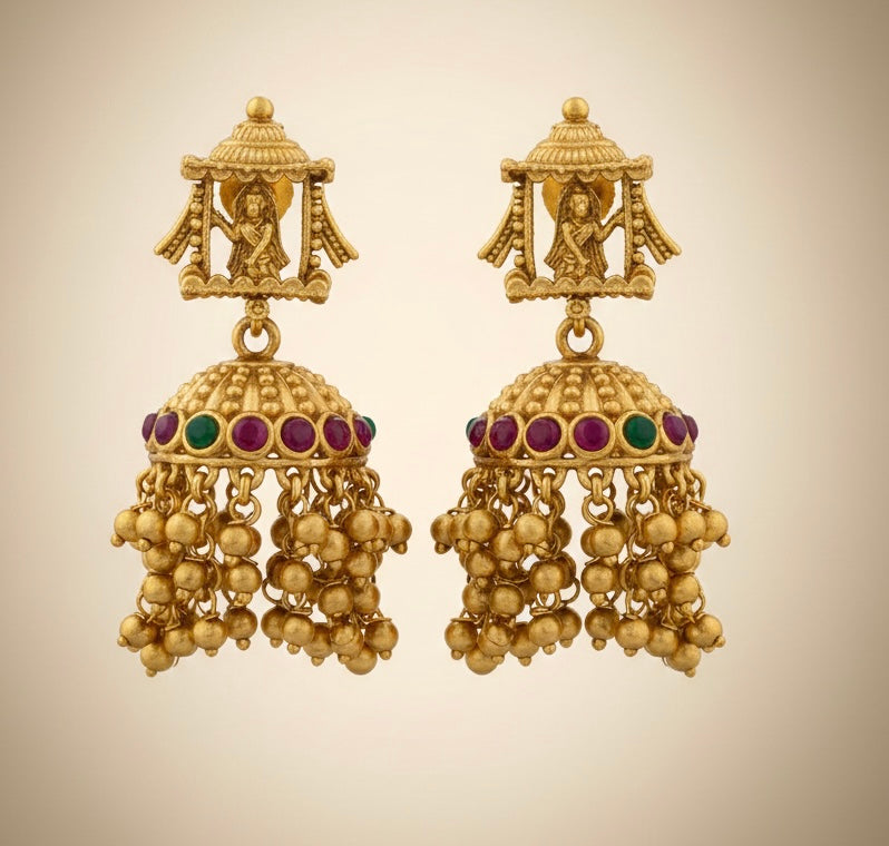 Heritage Bloom Antique Gold Jhumkas with Divine Palanquin Studs