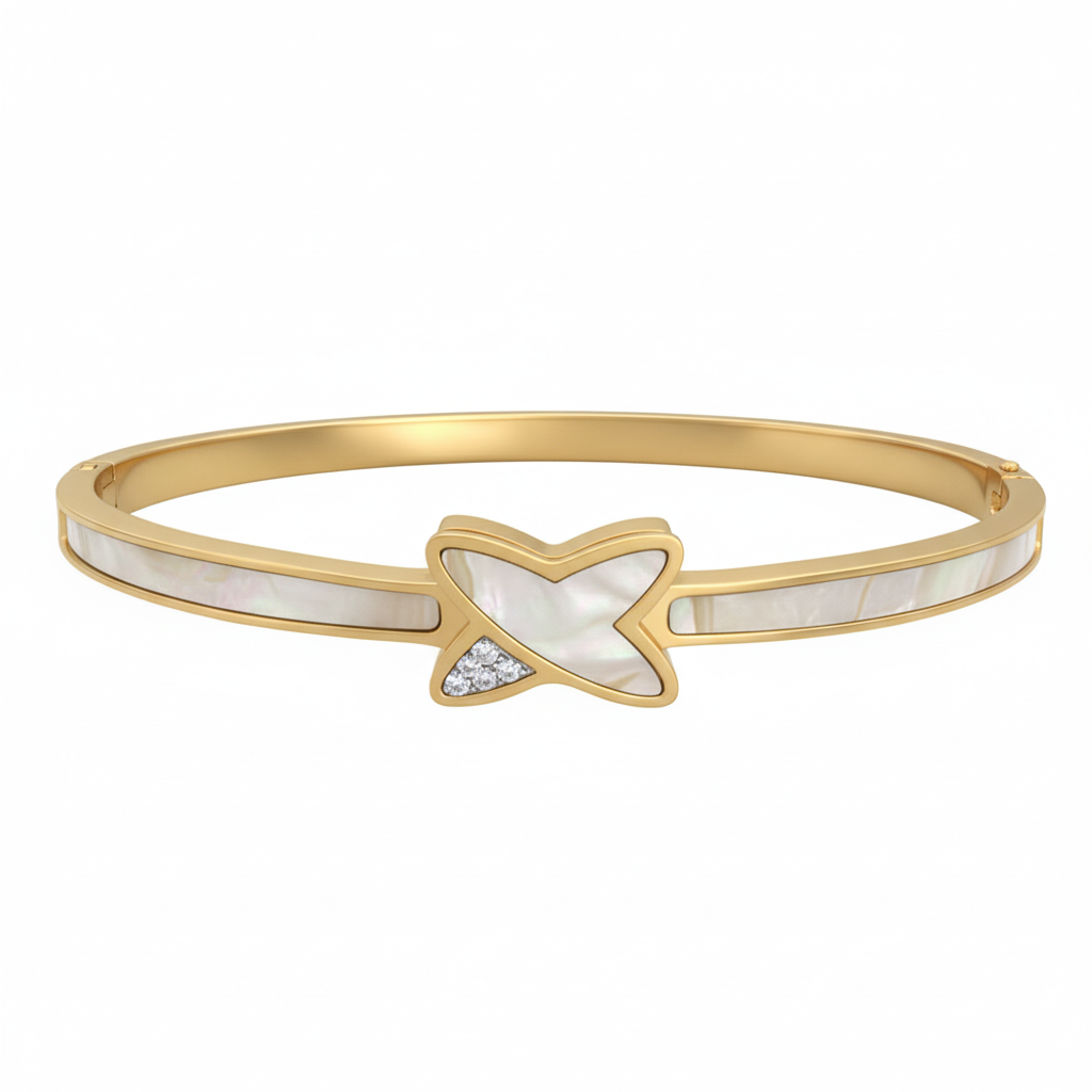 The Empress Wing: 18k Gold Plated Anti-Tarnish Iridescent Mother-of-Pearl Butterfly Bangle