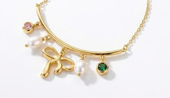 Whimsical Dainty Charm Necklace – Gold Bow, Pearl, & Gemstone Drop