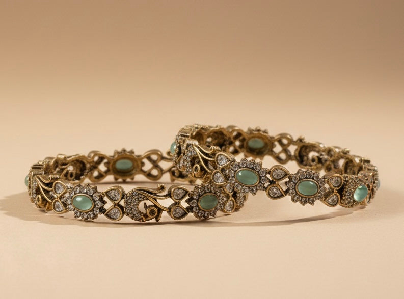 Victorian Grandeur: Antique Filigree & Sea-Foam Cabochon Bangles