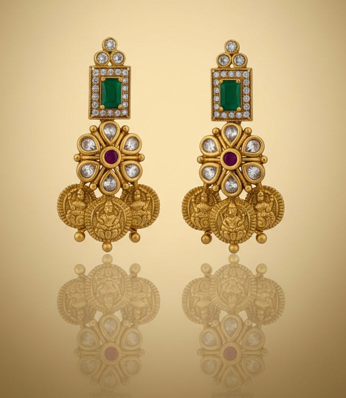 Heritage Coin Drop Earrings with Emerald Emerald-Cut Studs