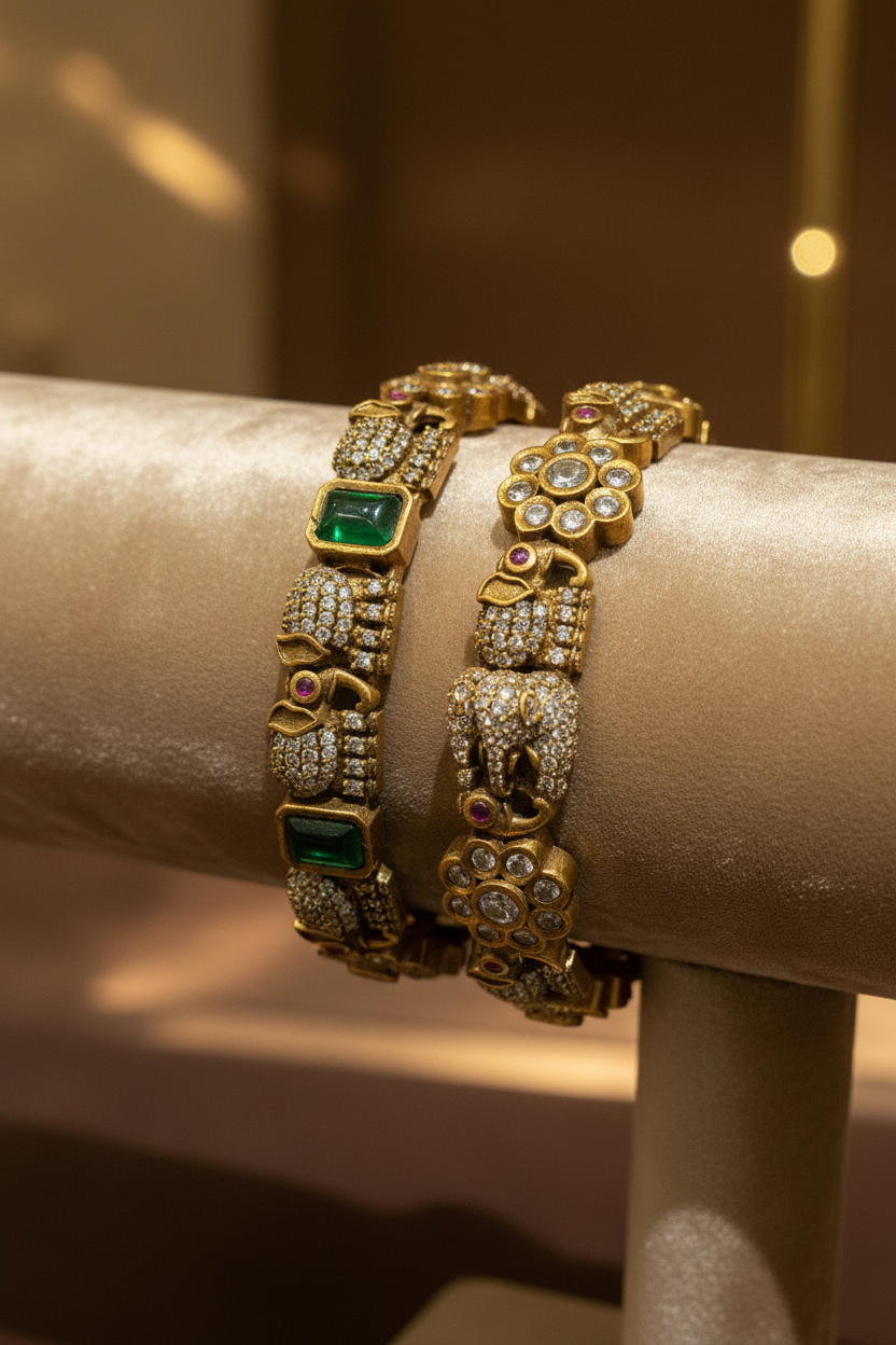 Royal Gaja Heritage: Victorian Antique Bangle with Moissanite Flora & Ruby-Eyed Elephants