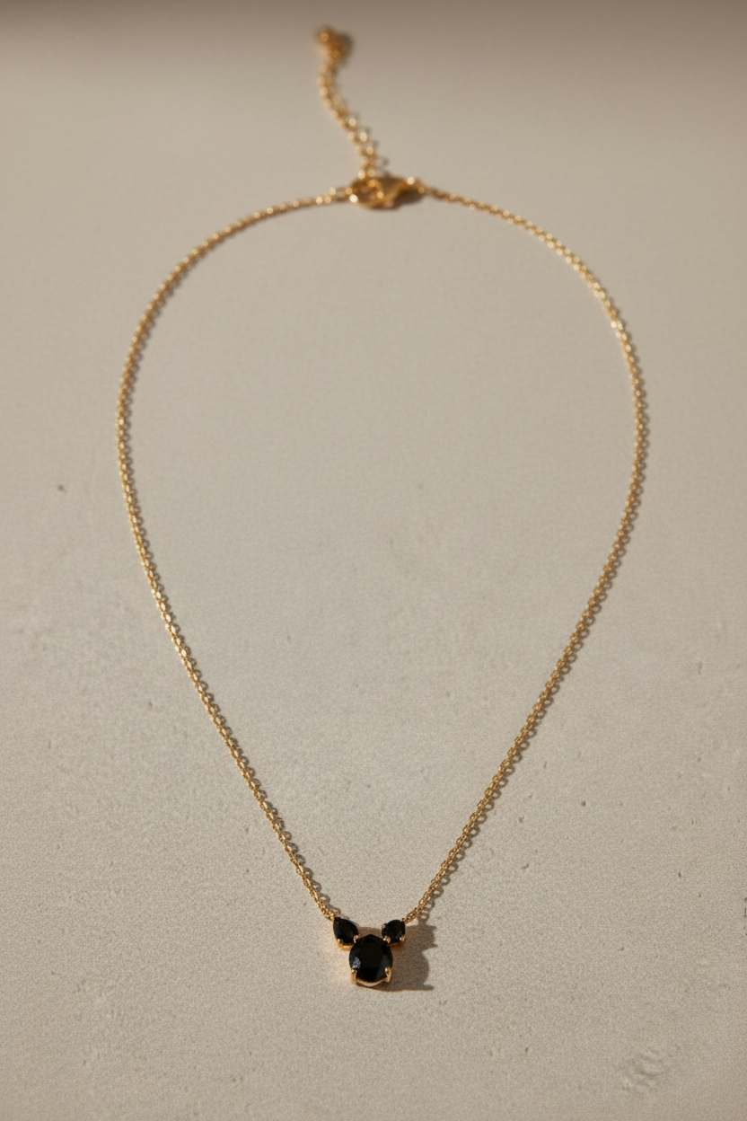 The Trio Noir Silhouette: 18k Gold Anti-Tarnish Necklace with Midnight Crystal Inlay