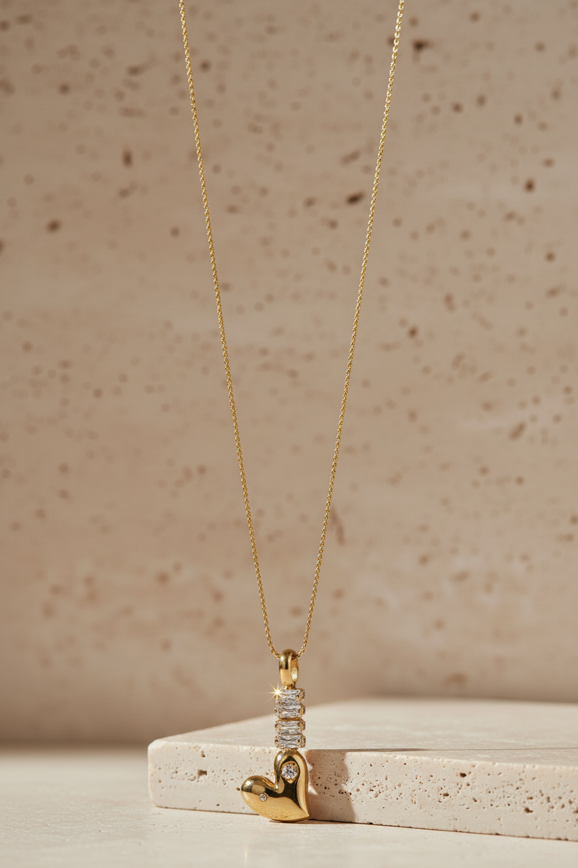 The Gilded Heart Pillar: 18k Gold Anti-Tarnish Necklace with Quad-Crystal Brilliance