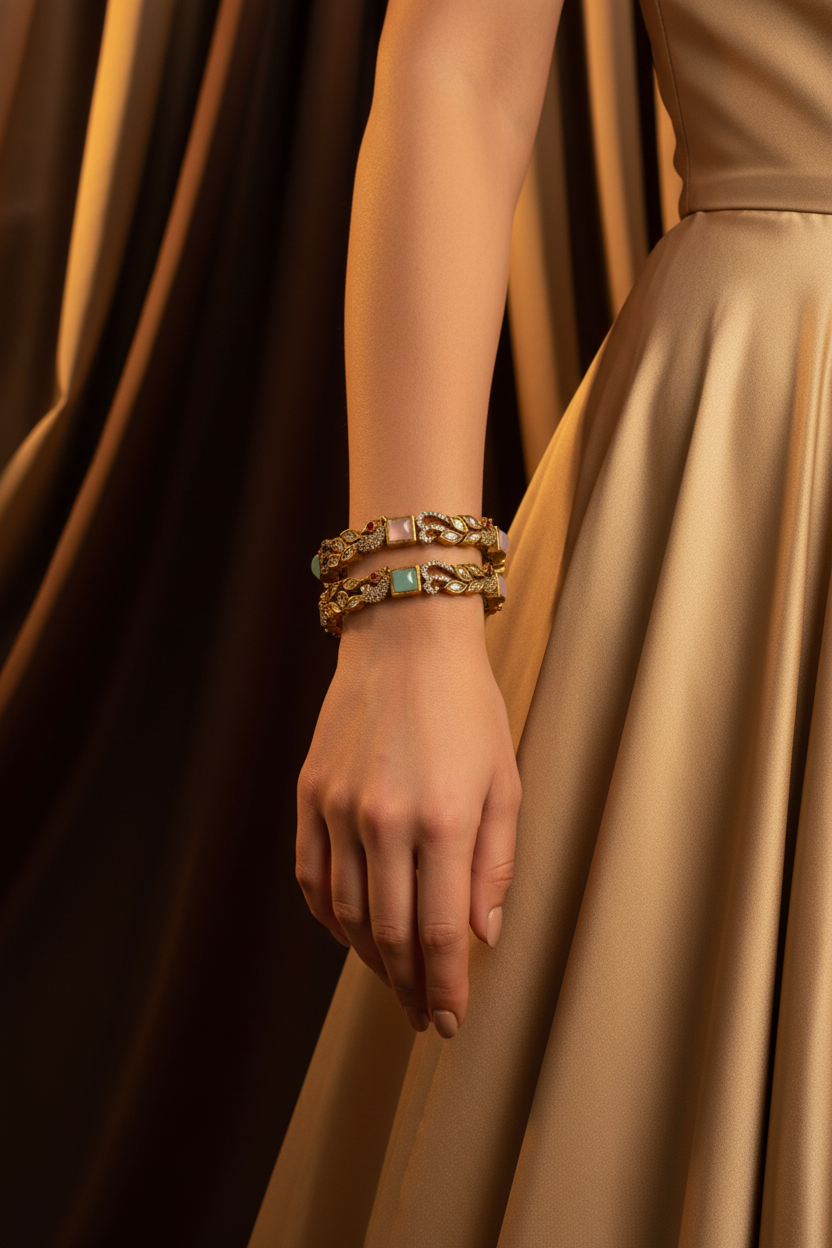 Victorian Heritage Peacock Bangle: Antique Moissanite with Pastel Flourishes