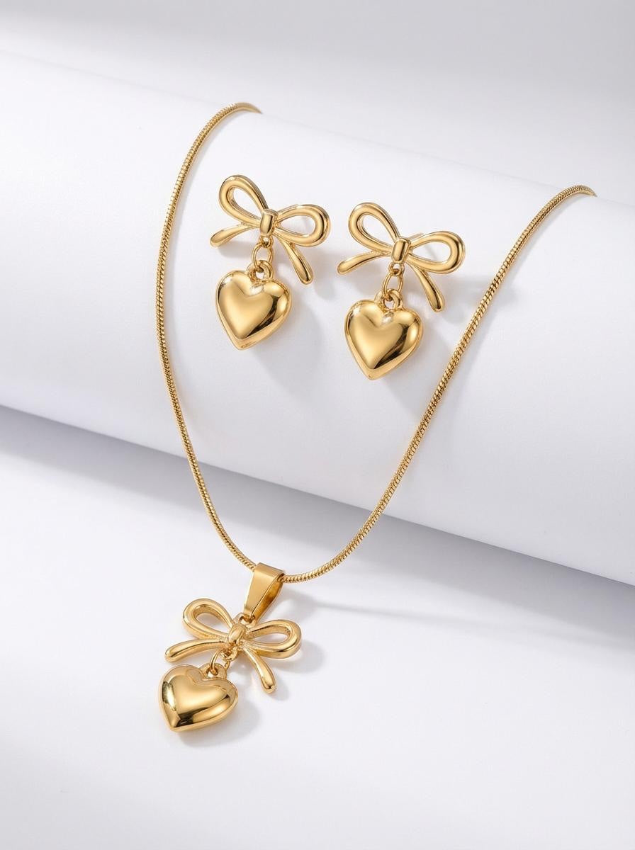Dainty 18K Gold Plated Bow and Heart Drop Jewelry Set