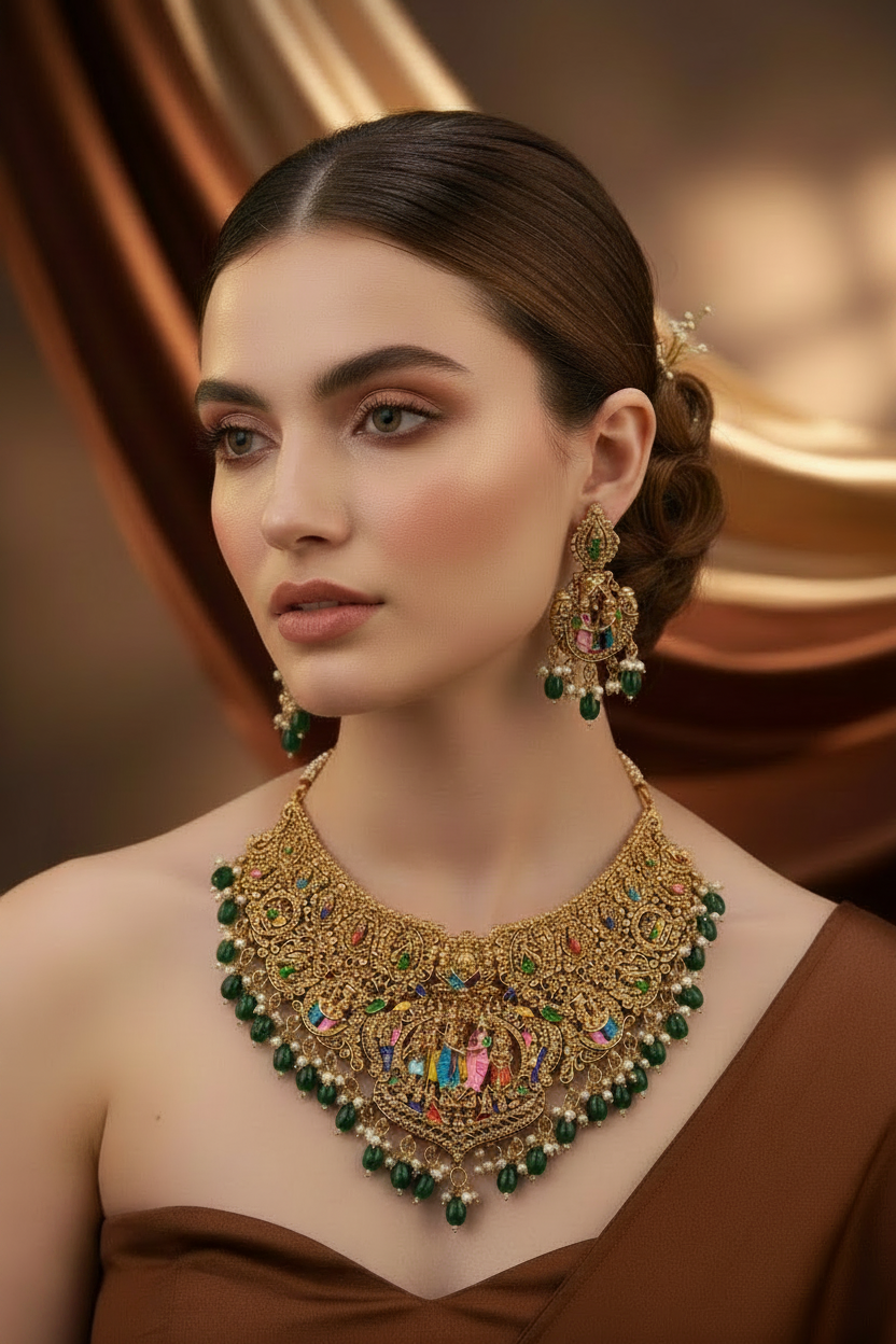 Royal Srinivasa Kalyanam Heritage Nakshi Choker – Antique Gold Bridal Neckpiece with Hand-Painted Meenakari