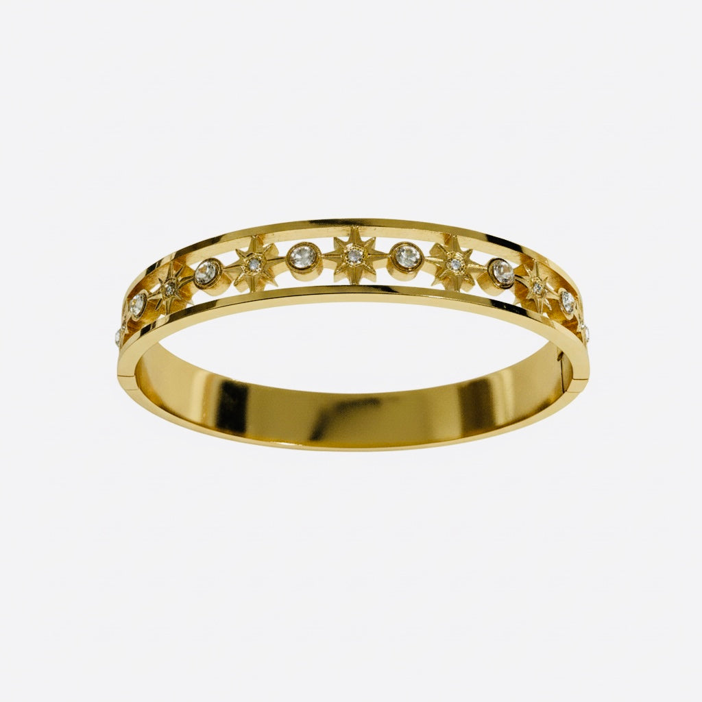 Celestial Starburst Gold Bangle – 18K Gold Plated Anti-Tarnish Stainless Steel Side-Open Bracelet