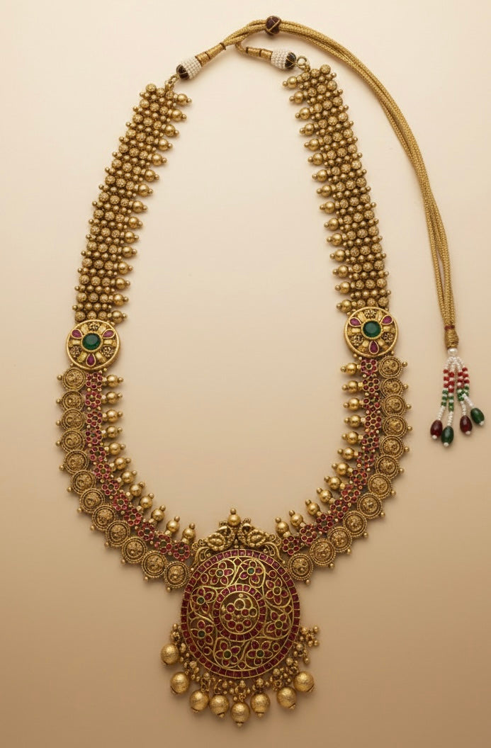 Antique Temple Heritage Haram: Majestic Peacock Padak & Intricate Coin Detailing