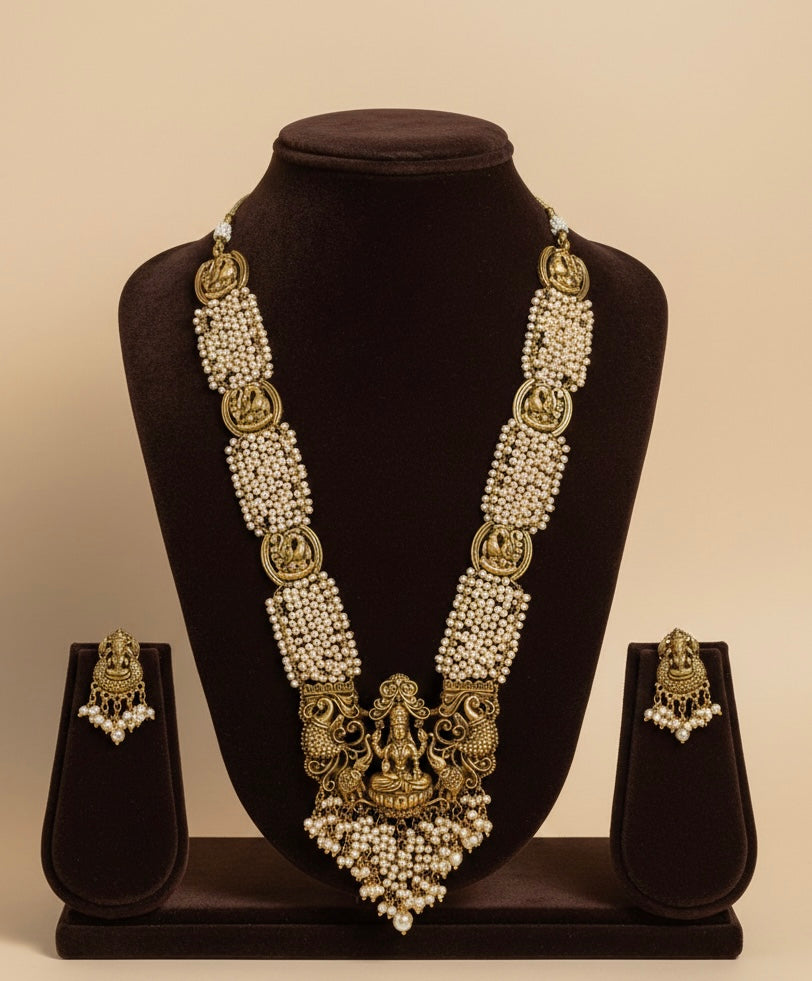 Divine Lakshmi Temple Harram Set: Antique Gold & Pearl Cluster