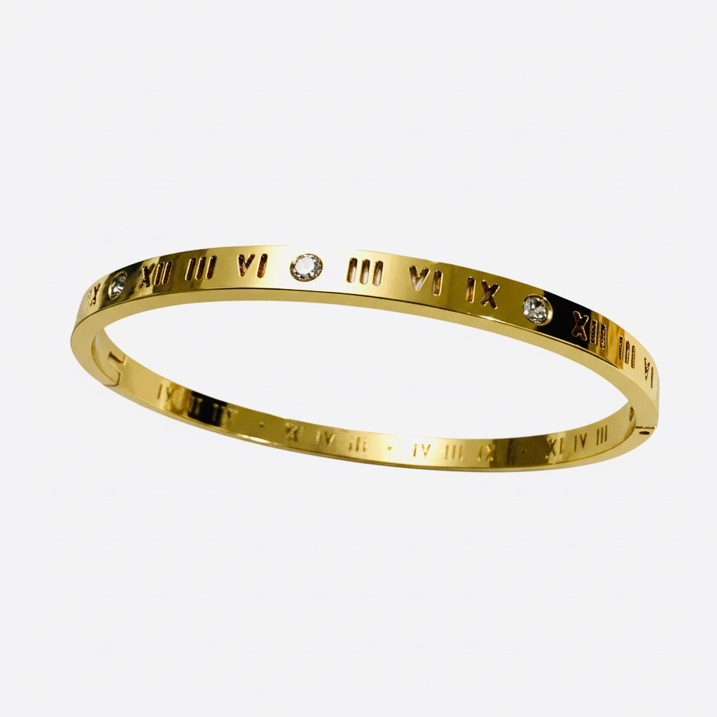 Gilded Roman Numeral Bangle with Brilliant-Cut Crystal Accents for an Eternal, Timeless Elegance
