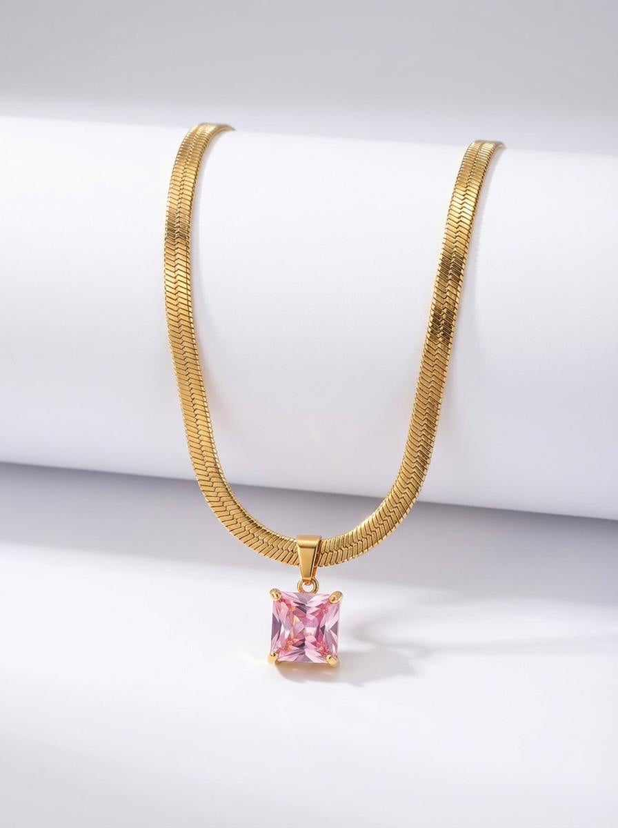 Blush Radiance: Rose-Tone Square Pendant Necklace