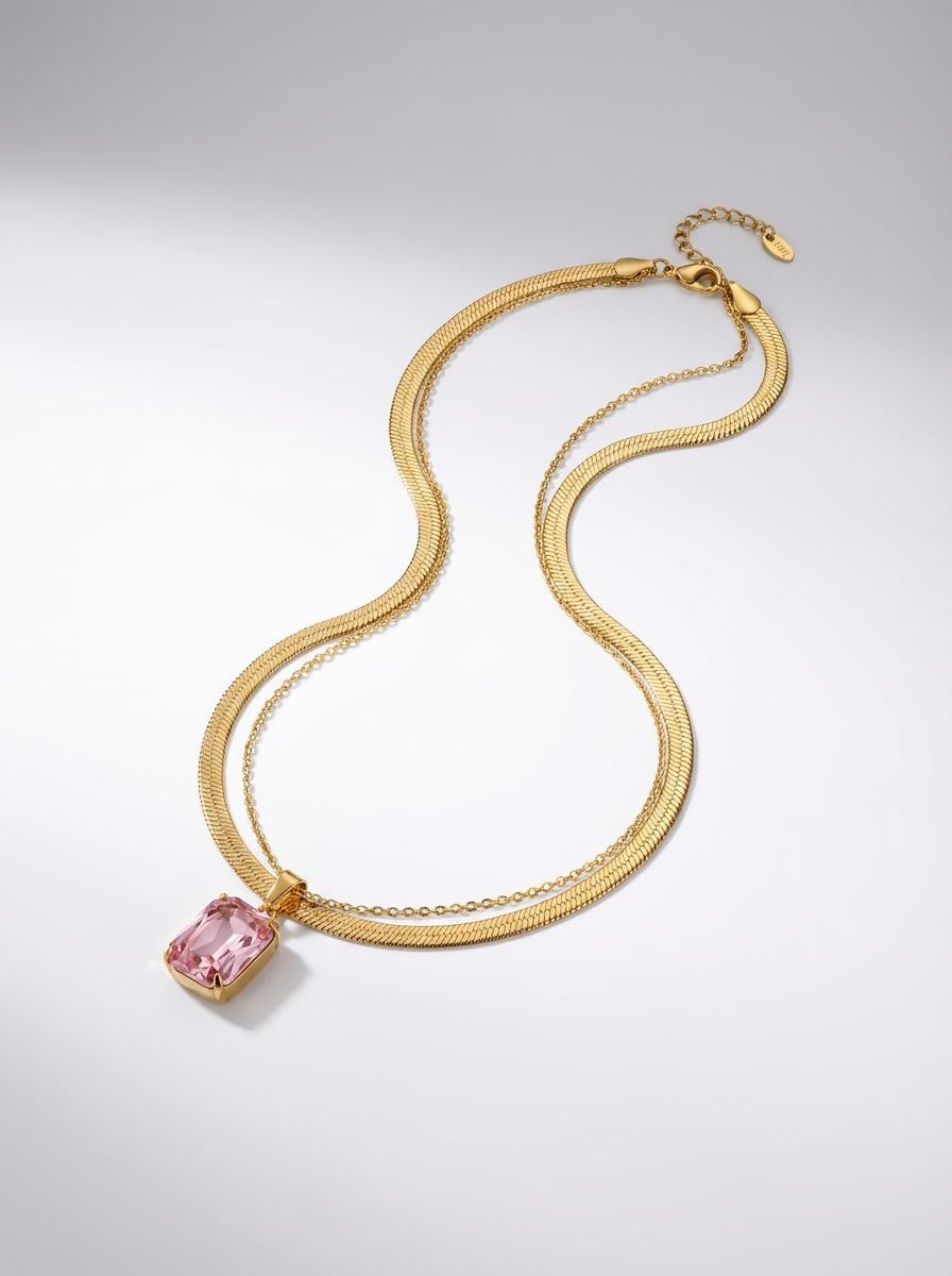 Rose Luxe: Layered Herringbone & Crystal Pendant Necklace