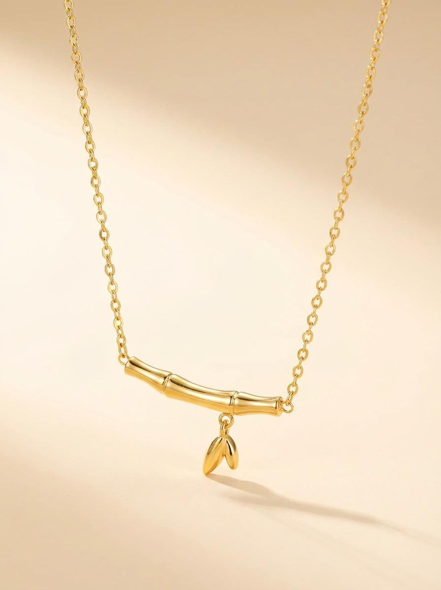 18k Gold Plated Bamboo Stick Pendant Necklace – Organic Nature-Inspired Jewelry with Leaf Charm