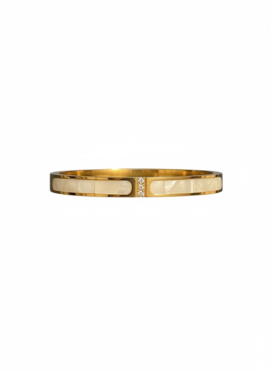 Luminous Mother-of-Pearl Inlay Bangle with Triple-Diamond Accent