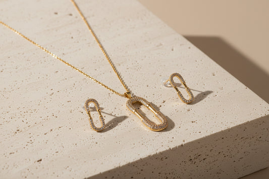 Pavé Link with crystal pendant Statement 18K Gold Plated Stainless Steel Set