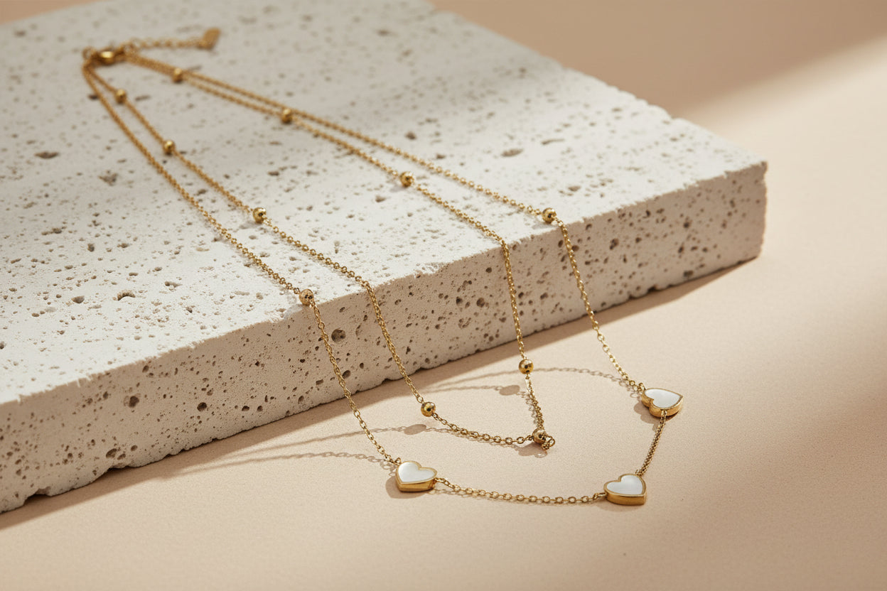 Iridescent Eternal Glow 18K Gold Plated Heart & Satellite Layering Necklace & Bracelet Set