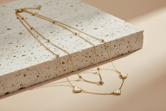 Iridescent Eternal Glow 18K Gold Plated Heart & Satellite Layering Necklace & Bracelet Set