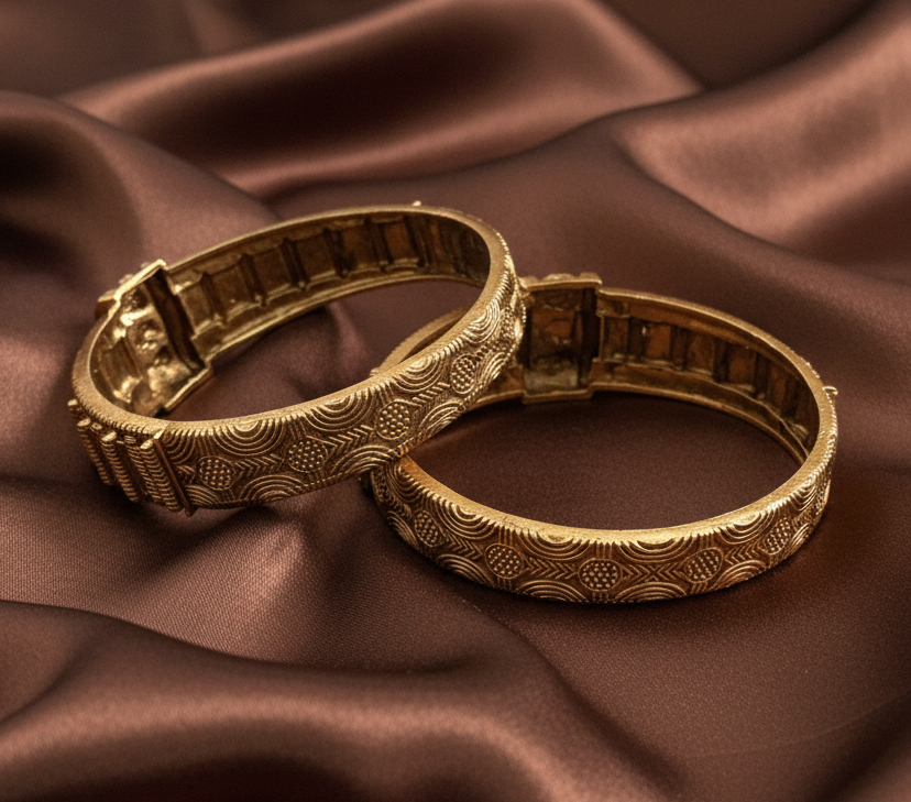 Divine Heritage: Ornate Lakshmi Goddess Antique Gold Bangle Set with Total Intricacy for Regal Elegance