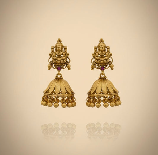 Heritage Lotus Jhumkas with Divine Goddess Lakshmi Motif
