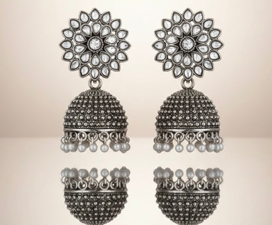 Vintage Oxidized Silver Floral Jhumkas – Timeless Elegance with a Royal Pearl Drop Finish