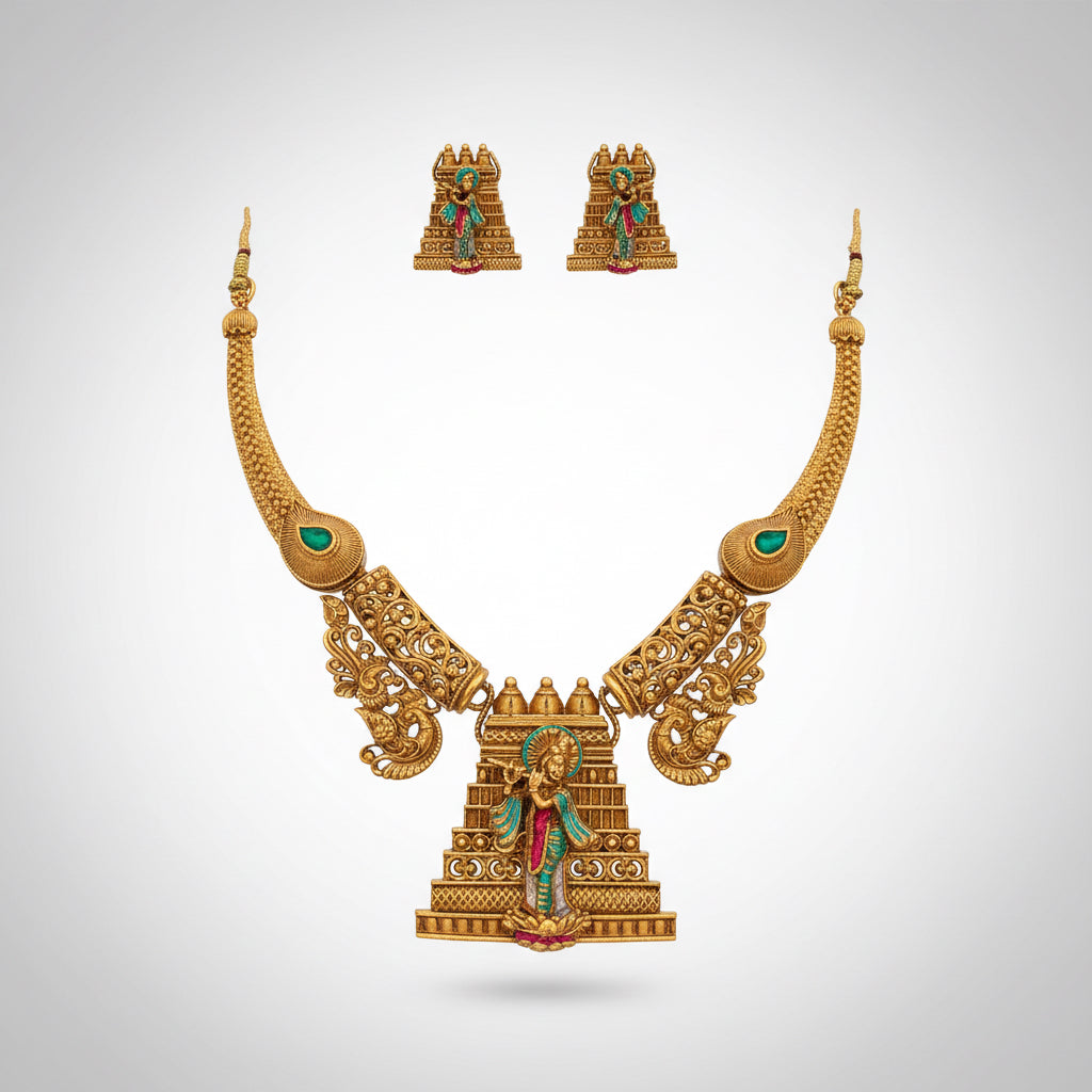 Divine Heritage: Antique Gold Temple Necklace Set with Hand-Painted Krishna Motif