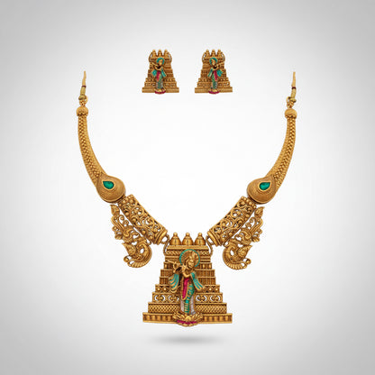 Divine Heritage: Antique Gold Temple Necklace Set with Hand-Painted Krishna Motif