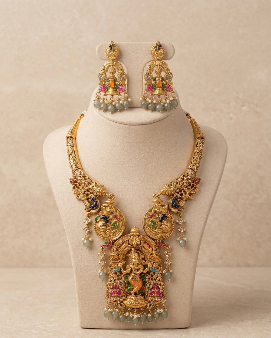The Divine Krishna Temple Set [The Vrindavan Edit] Emerald-Green Beads & Antique Gold Finish