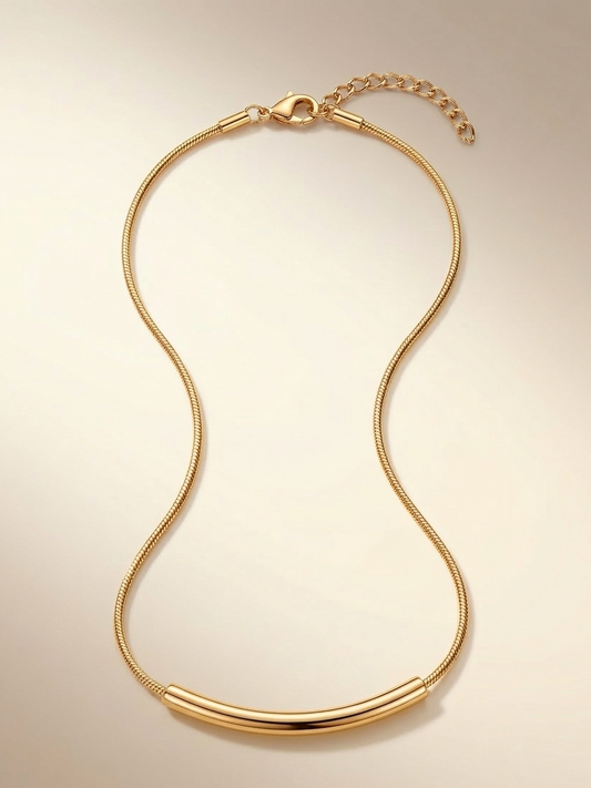 18K Gold-Plated Snake Chain Necklace with Curved Bar Pendant