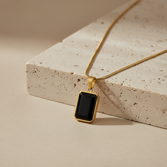 The Noir Pillar Medallion: 18k Gold Anti-Tarnish Vertical Pendant on Liquid Snake Chain