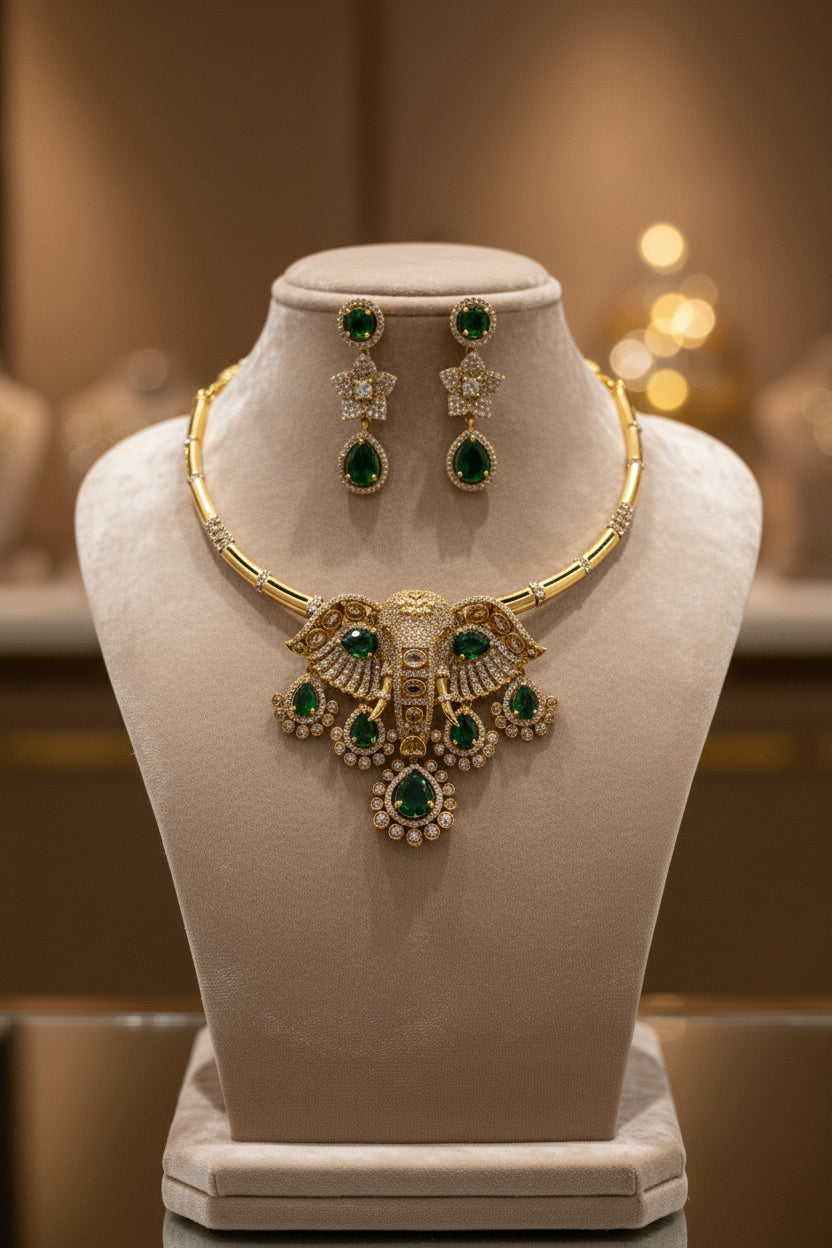 Victorian Antique Elephant Hasli & Earring Set – Heritage Polki & Moissanite Collection in Emerald, Royal Purple, and Rose Pink Accent