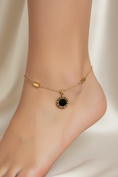 Double Sided Black and White Roman Number Charm Anklet 18K Gold Plated Stainless Steel Anti Tarnish