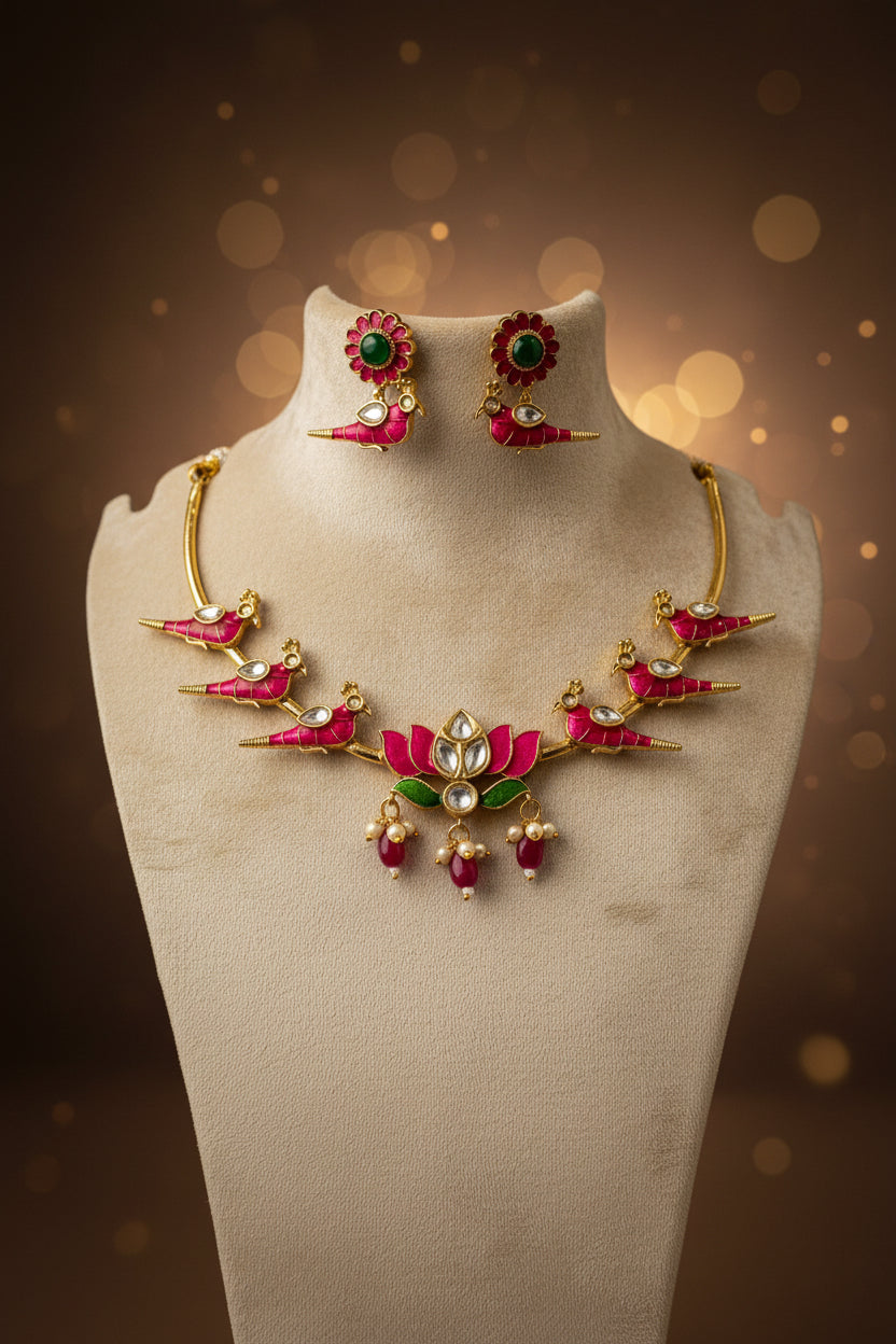 Radiate Regal Elegance with the Hand-Enameled Lotus & Parrot  Heritage Hasli Necklace Set