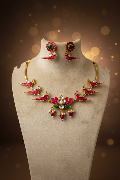 Radiate Regal Elegance with the Hand-Enameled Lotus & Parrot  Heritage Hasli Necklace Set