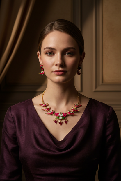 Radiate Regal Elegance with the Hand-Enameled Lotus & Parrot  Heritage Hasli Necklace Set