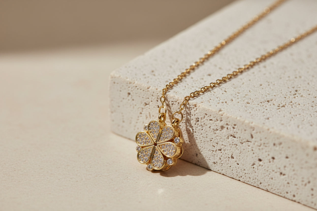 2-in-1 18K Gold Plated Transformative Magnetic Folding Clover & Calligraphy Pendant Necklace