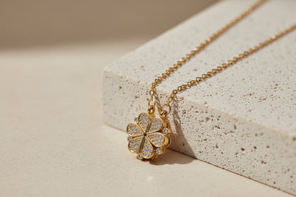 2-in-1 18K Gold Plated Transformative Magnetic Folding Clover & Calligraphy Pendant Necklace