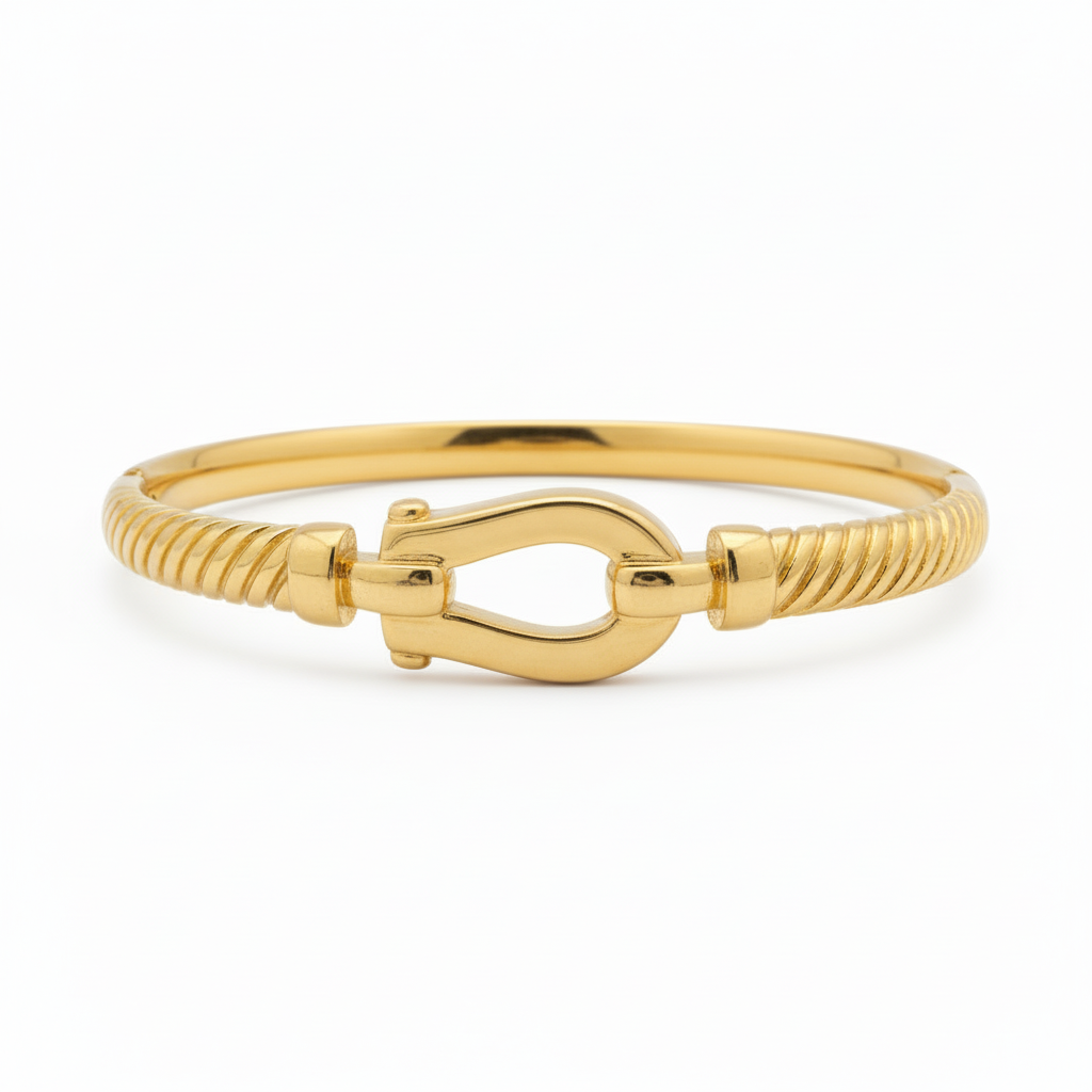 Nautical Luck 18K Gold Plated Stainless Steel Bangle with Twisted Cable Band and Horseshoe Buckle