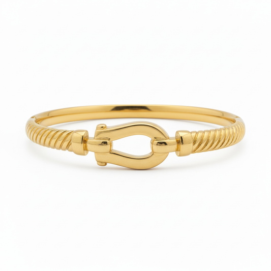 Nautical Luck 18K Gold Plated Stainless Steel Bangle with Twisted Cable Band and Horseshoe Buckle
