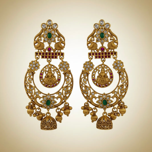 Divine Heritage Antique Gold Temple Earrings with Lakshmi Motif