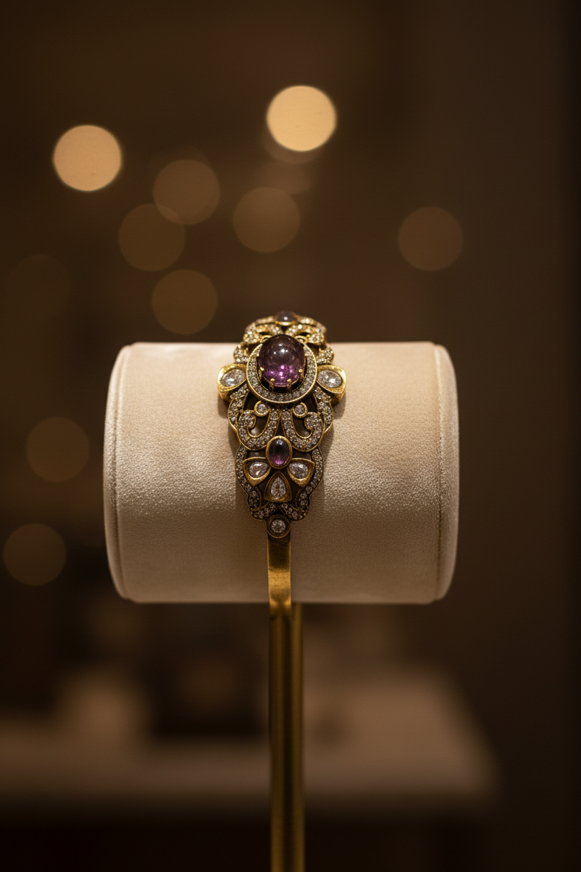 Victorian Antique Moissanite floral Kada with purple stone
