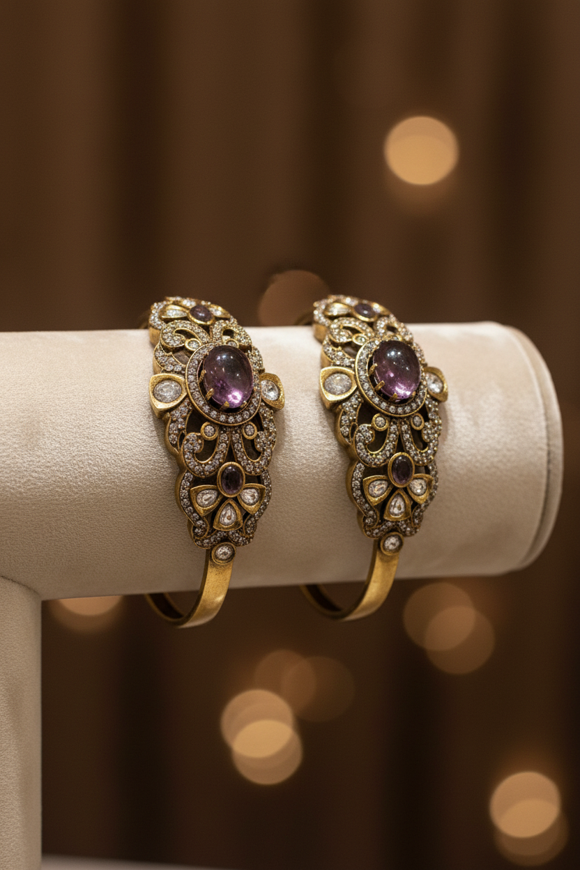Victorian Antique Moissanite floral Kada with purple stone