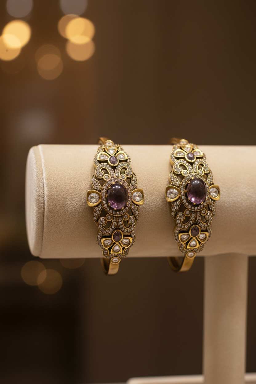 Victorian Antique Moissanite floral Kada with purple stone