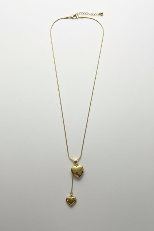 The Eternal Bond Lariat: 18k Gold-Plated Double Heart Drop for Sophisticated Layering